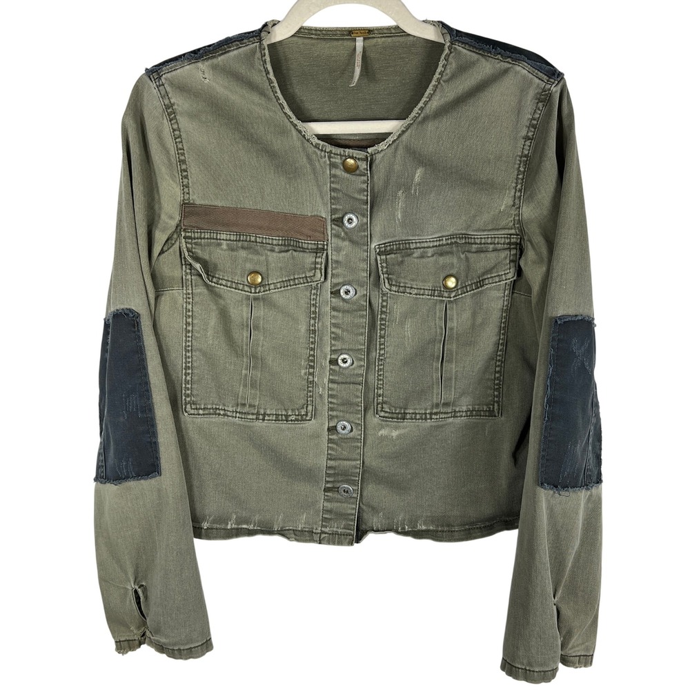 Free People Olive Green Utility Jacket with Dark Patch Elbows
